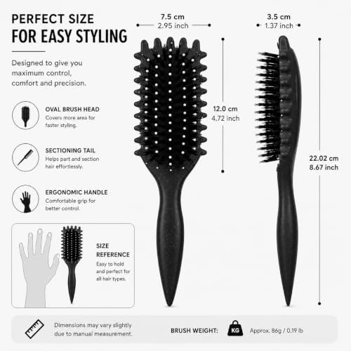 Image of Combelle 5-in-1 Curl Hair Brush, Vegan Boar Bristles, Bio-Baked PLA Handle, Detangling and Frizz Control for Curly Hair (Black)