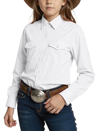 Image of Noomelfish Girls Long Sleeve Western Pearl Snap Button Down Shirt Cowgirl Outfits Blouse Tops (5-14 Years)