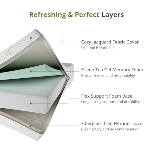 Image of EGOHOME 6 Inch Memory Foam Mattress in a Box, Twin Mattress, Green | Cooling Green Tea Gel Memory Foam for Pressure Relief, Medium Firm Support, Fiberglass Free, CertiPUR-US Certified