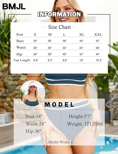 Image of BMJL Women's High Waisted Bikini Ribbed Two Piece Swimsuit High Cut Color Block Adjustable Straps Bathing Suit