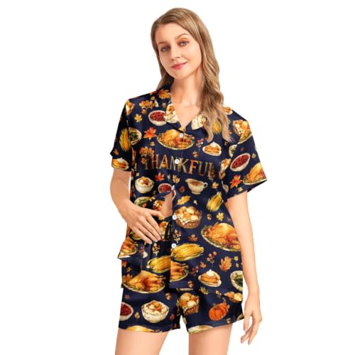 Image of Funny Pajamas for Women Set Print Satin Loungewear Pjs Short Sleeve Button Down Top and Shorts Sets Sleepwear XS-3XL
