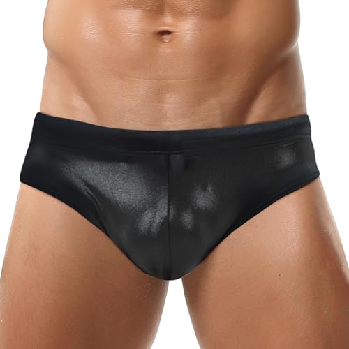 Panegy Men's Shiny Faux Leather Swim Briefs Contour Pouch Bikini Underwear Drawstring Swimwear with Pad