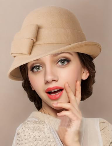 Women Solid Color Winter Hat Wool Cloche Bucket with Bow Accent, Camel, One Size - Thumbnail 6
