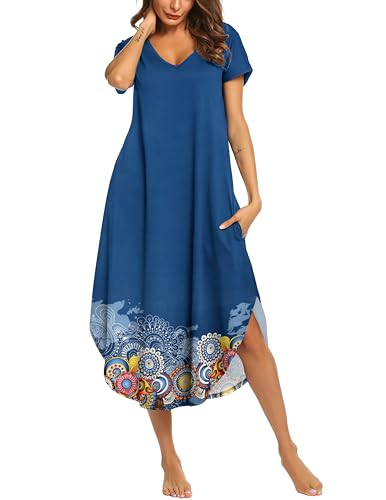 Image of Ekouaer Long Nightgowns for Women Short Sleeve House Dress with Pockets V Neck Sleepshirts Side Split Sleepwear S-4XL
