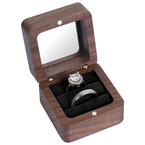 Ringbox Holz Ringbox Hochzeit Vintage Massive Walnuss Ringschatulle Ringbox mit Doppeltem Schlitz für Heiratsantrag Verlobung Hochzeit und Tägliche Lagerung(Schwarze Innenausstattung mit Fenster)