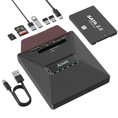Alxum Unità CD DVD Esterna con Adattatore SSD SATA 2.5' & Hub USB 7-in-1 - Masterizzatore CD/DVD...