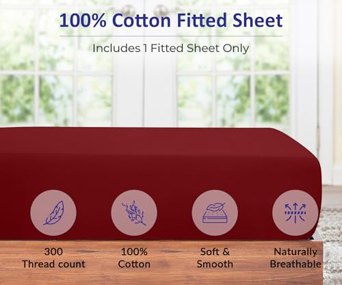 Image of ROYALE LINENS 300 Thread Count 100% Long Staple Combed Cotton Fitted Sheet Full - Super Soft Deep Pocket Bottom Sheet - Fitted Sheets Only - Elastic Sheets (Full, Red)