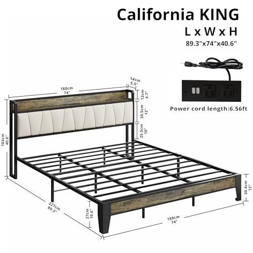 LIKIMIO California King Bed Frame, Storage Headboard with Charging Station, Solid and Stable, Noise Free, No Box Spring Needed, Easy Assembly (Walnut and Beige)