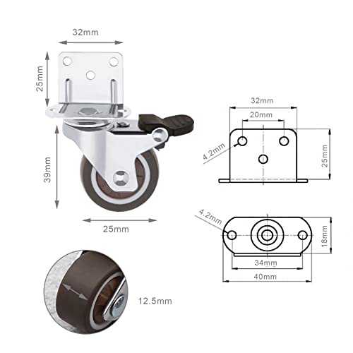 YINETTECH 8PCS 1 inch Swivel Castors L-Mounting Plate Caster 4PCS with Brake 4PCS Without Brake for Furniture Flower Stands Cribs Table Loading Capacity 22lbs Per Wheel - Image 4