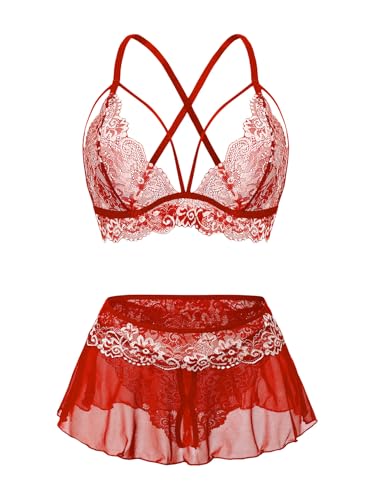 Lilosy Sexy Strappy Bralette Mini Skirt Floral Lace Mesh Sheer with Thong Otufits Lingerie Set 3 Piece Women See Through Matching Bra Panty Underwear Red White Medium