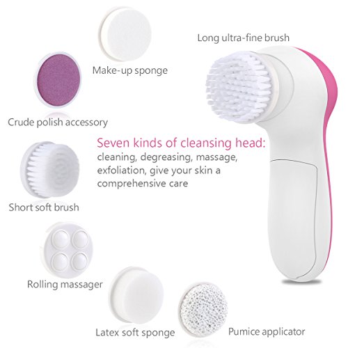 PIXNOR P2017 Waterproof Facial Cleansing Brush and Massager with 7 Brush Heads for Deep Cleansing, Exfoliating, Removing Blackhead and Massaging (Classic Rosy)