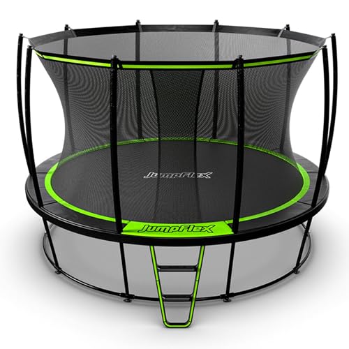 JumpFlex Hero Round Outdoor Backyard Trampoline with Net Safety Enclosure and Ladder, 12ft - Heavy-Duty Jumping Trampoline Play Equipment for Family