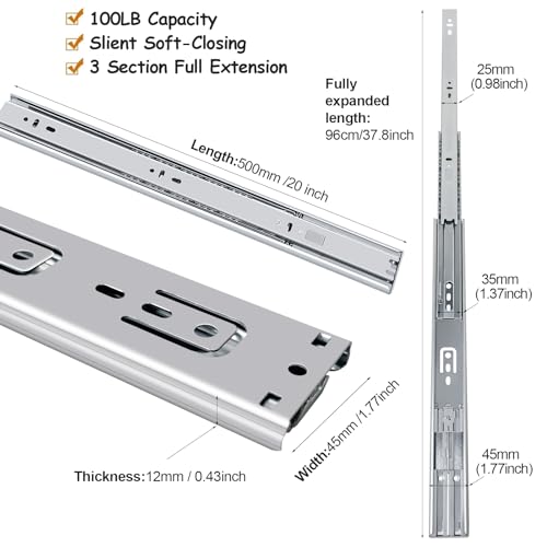 20 inch Soft Close Drawer Slides 6 Pairs Ball Bearing Full Extension Cabinet Drawer Slides 3 fold, Side Mount, 100 LB Capacity Heavy Duty Drawer Slide 20" by FCOUMY - Used condition - Image 2
