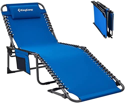 KingCamp Adjustable 5-Position Folding Chaise Lounge Chair for Outside Patio Beach Sunbathing Tanning Pool, Portable Lay Flat Lounge Chair Camping Reclining Chair for Outdoor with Pillow, Blue