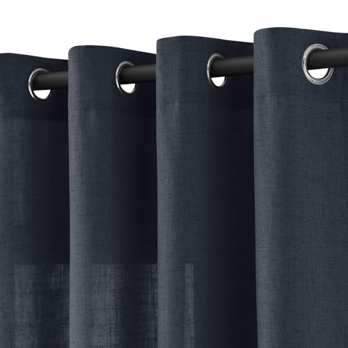Retro Blue Linen Curtains 84 Inch Length 2 Panels for Living Room Bedroom, Light Filtering Sheer Curtains 84 Inches, Modern Farmhouse Grommet Semi Sheer Soft Privacy Drapes