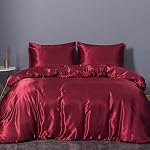 Sleepymoon Duvet Cover Set Silk Like Queen Size (Red, Full/Queen) Deepred Satin Cover with Zipper