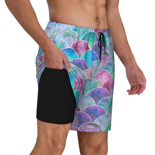Men's Fish Scale Ocean Print Quick-Dry Mesh Swim Trunks Stretch Lining Beach Shorts Surfing Summer Vacations
