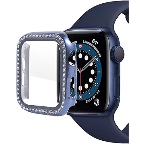 Xinidc Compatible for Apple Watch 40mm Series 4/5/6/SE Cover Built-in Tempered Glass Screen Protector,Bling Crystal Diamond Rhinestone Hard PC Protective Case for iwatch (Blue, 40mm) Cover