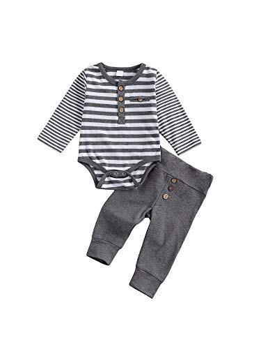 Image of 2Pcs/Set Newborn Baby Boys Outfit Long Sleeve Striped Bodysuit Romper Solid Pants Fall Winter Clothes
