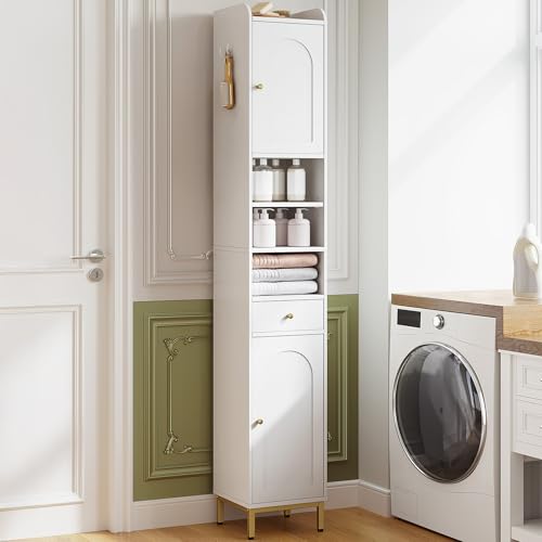 Hzuaneri Badezimmerschrank, Badschrank Hochschrank, Hoher Badezimmer mit 2 Türen und Schublade, Offene Fach, Badschrank mit Verstellbarem Regal Für Wohnzimmer, Arbeitszimmer, Weiß BC29013G