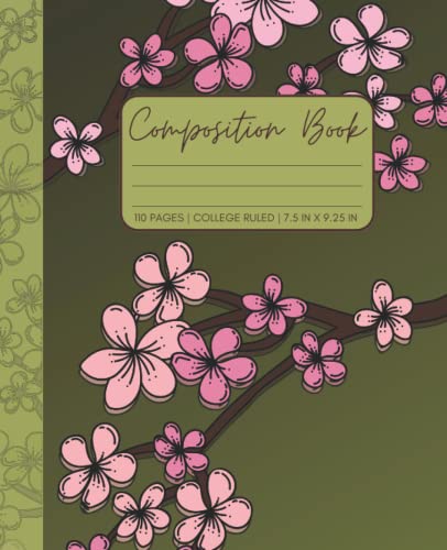 Composition Book — College Ruled: Cute and Aesthetic Cherry Blossom Notebook in Forest Green for Teen Girls and Women