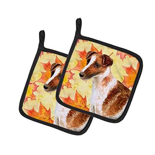 Caroline's Treasures BB9908PTHD Smooth Fox Terrier Fall Pair of Pot Holders, Yellow Kitchen Heat Resistant Pot Holders Sets Oven Hot Pads for Cooking Baking BBQ, 7 1/2 x 7 1/2