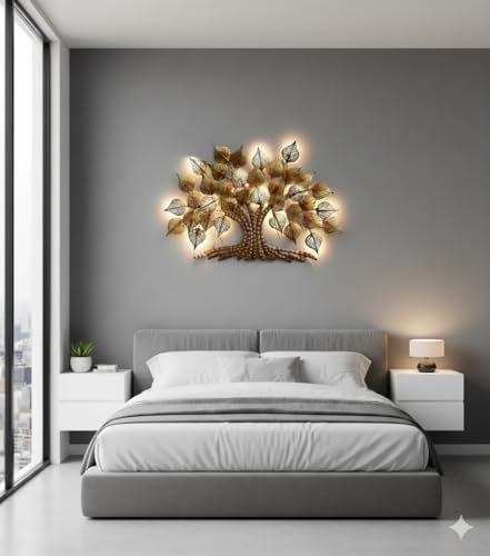 Image of Bharat Art Big Tree Metal Wall Art with LED Light | Handcrafted Iron Tree Wall Hanging for Living Room, Bedroom, Hall, Office | Pan Tree WD049 | Size: 36x2x24 Inch - WD049
