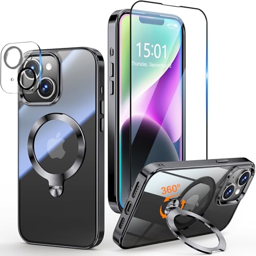 Coque iPhone 13 et 14 magnétique avec support rotatif et protection caméra noir