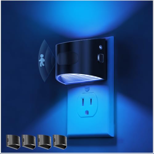 Image of L LOHAS LED Night Light with Motion Sensor & Dusk to Dawn Sensor, Night Lights Plug into Wall with 30-100lm Adjustable Brightness, Dimmable Night Light for Bathroom Hallway, Blue, 4 Pack