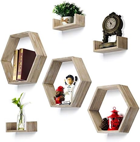 RR ROUND RICH DESIGN Wall Shelf Set of 6 - Rustic Wood 3 Hexagon Boxes and 3 Small Shelves Carbonized