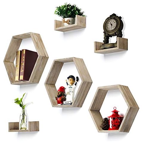 RR ROUND RICH DESIGN Wall Shelf Set of 6 - Rustic Wood 3 Hexagon Boxes and 3 Small Shelves Carbonized Cover