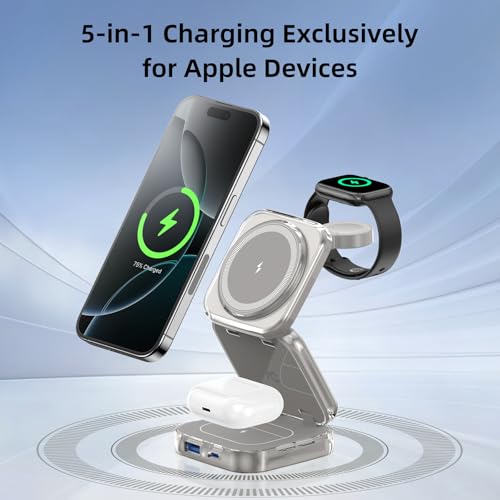 Image of Wireless Charger for MagSafe, AC Island 5-in-1 Portable Travel Charging Station, 15W Max Foldable Fast Magnetic Stand, Evolved for iPhone 16 /15 /14 /13 Series, Apple Watch, AirPods (with 35W Adapter)