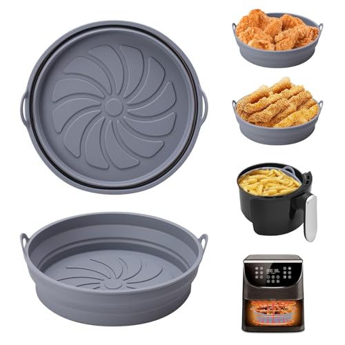 Alyvisun Teglie in Silicone per Friggitrice ad Aria, 2 Pezzi Teglia Accessori per Air Fryer Contenitori Cestello Riutilizzabile Rotondo Tappetino Stampi Per Airfryer, Microonde, Forno (Grigio Chiaro)
