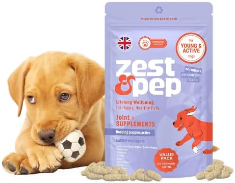 Zest & Pep Premium Hip & Joint Supplements for Dogs - Puppy & Young Dog Supplements - Glucosamine, Turmeric, Omega 3 Green Lipped Mussel for Dogs, Young Dog Joint Tablets (120 Ct)