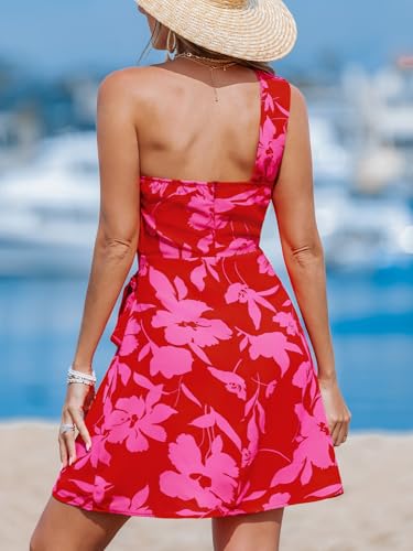 Image of CUPSHE Women's One Shoulder Leaf Print Self-tie Short Dress Sleeveless Tiered Hem Formal Dress Casual Mini Dress