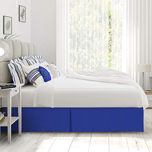 Image of Nestl King Bed Skirt - Damask Dobby Stripe Wrap Around Bed Skirt King Size - Double Brushed Microfiber 14 in Tailored Drop Pleated Bed Ruffle with Bed Skirt Pins - Royal Blue