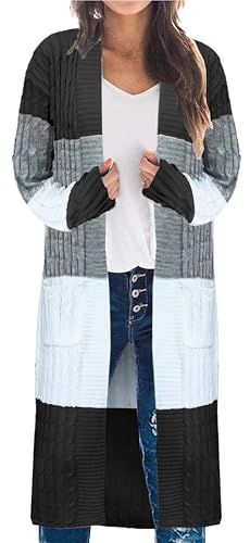 Womens Color Block Cardigan Sweater Long Duster Open Front Sweater in Chunky Cable Knit Plus Size Cardigan