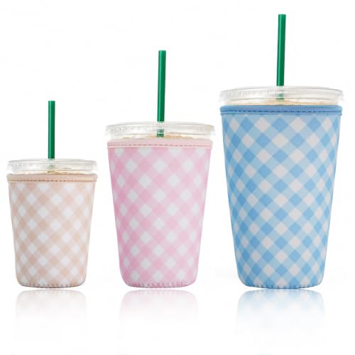 Image of Reusable Insulated Sleeve for Iced Coffee Cup, 3-Pack Coffee Neoprene Drink Sleeve for Cold & Hot Drinks, Beverage Holder for Iced Coffee (Pastel Gingham Set)