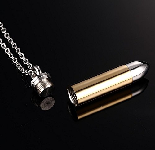 Stainless Steel Memorial Cremation Ash Urn Vial Tube Bullet Pendant Keepsake Necklace, Golden, Free Chain (Silver Yellow)4