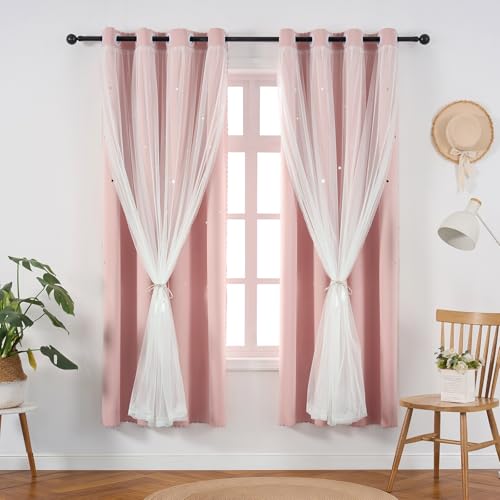 Image of Light Pink Blackout Curtain for Girls Room 72 Inches Long Cute Star Cutout | Nursery Double Layer Curtains & Drapes Tulle Lace Sheer Single Panel Thermal Insulate Bedroom Window Treatments Cortina Blush