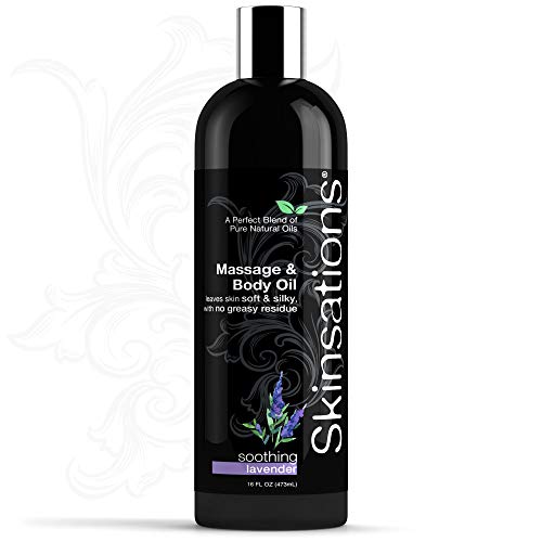 Skinsations - Sensual Massage & Body Oil - Lavender 16oz | Lightweight & Silky Soft, Edible Sweet Almond, Fractionated Coconut, Grapeseed & Jojoba Oils with Organic Lavender EO for Massage Therapy