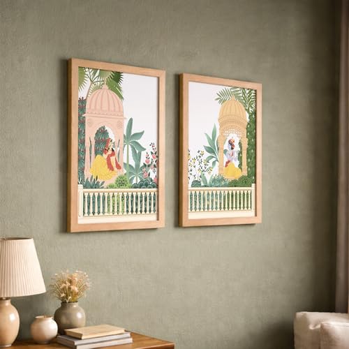 Image of NoWorries Set of 2 Large Traditional Rajasthani & Madhubani Art Wall Frames | Multicolor Laminated 300 GSM Pigment Digital Prints with Synthetic Wood Frames | Perfect Home, Living Room, Dining Room, Bedroom & Cafe Wall Decor | Framed Posters Set for Authentic Traditional Ambiance