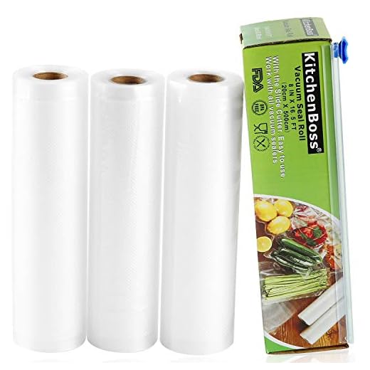 KitchenBoss Bolsas de Vacio Profesional 3 Rolls 20x500cm con Caja de Corte (No Más Tijeras) para Almacenaje de Alimentos, Sous Vide Cocina, BPA Free