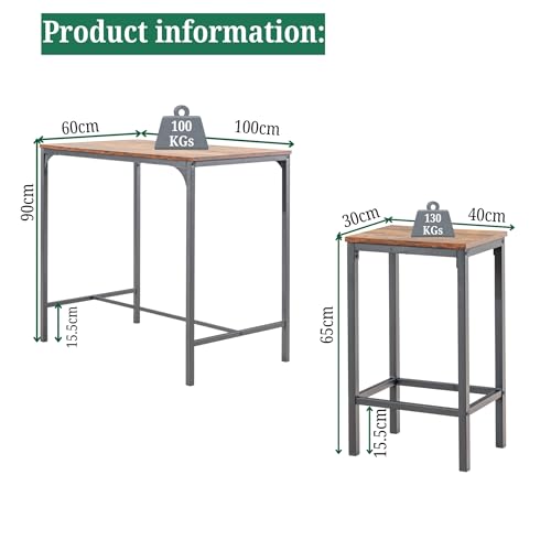 FurnitureR 5 Barsets, Bistro Bar Tisch Set + Stöcke, Frühstückstisch mit 4 hohen Stöols, Stahlrahmen, Industriestil, rustikaler Stil, rustikaler Braun, für Küche, Dining Room, Wohnzimmer, 100 x 60 x