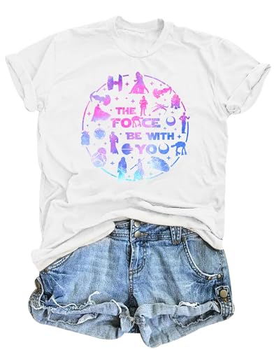Image of FRYAID Women May The Power Be with You Graphic T Shirt Short Sleeve Casual Tops Summer Fun Vacation Shirt Soft Casual Fit