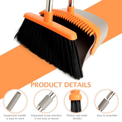 Image of 2-Pack Broom and Dustpan Set with Long Handle, Heavy Dust Broom and Dustpan Combo for Home,Kitchen, Office, Pet Hair(Gray Orange)