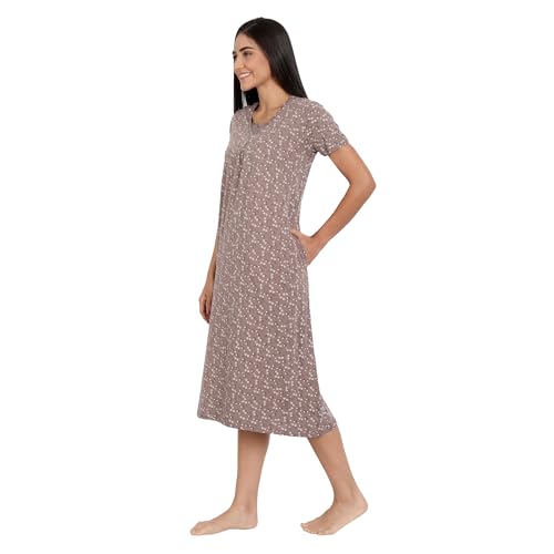Image of BLAZON Women's Cotton Hosiery Elegant Maxi Nightdress with Lace Detailing, Floral Print, Pockets & Half Sleeves