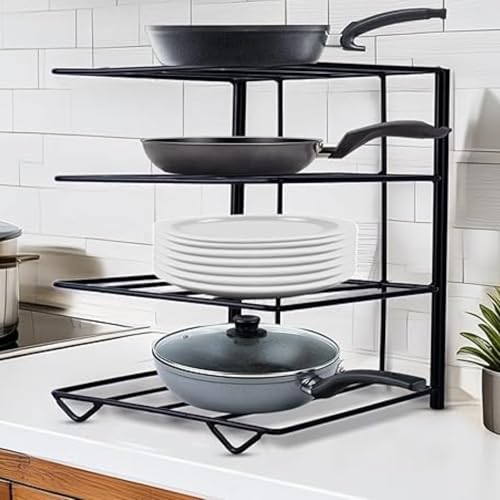 Image of Niyara 4-Tier Heavy Duty Iron Metal Tawa Stand | Multipurpose Kitchen Storage Rack for Tawa, Lids & Cookware (Black)