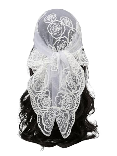 OYOANGLE Women's Floral Embroidered Hair Scarf Lace Square Hair Bandana Sheer Scarves Headband