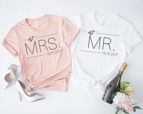 Mr and Mrs Shirts Custom Date Wifey and Hubby Shirts Bride and Groom Tees Wife and Husband Tshirts Honeymoon Tshirts for Couples Matching Est Date Just Married Tees4